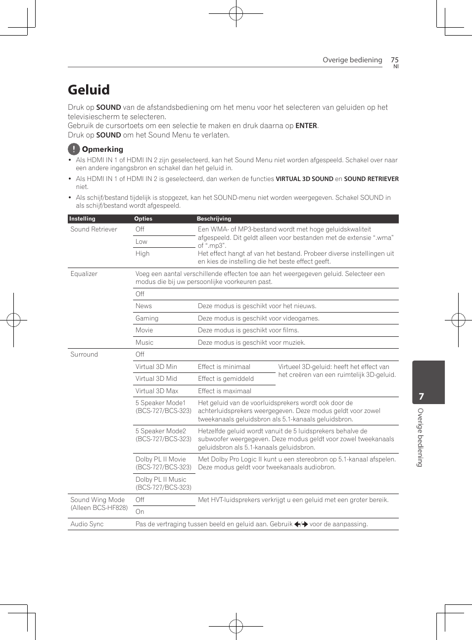 75 geluid, Geluid | Pioneer BCS-727 User Manual | Page 467 / 588