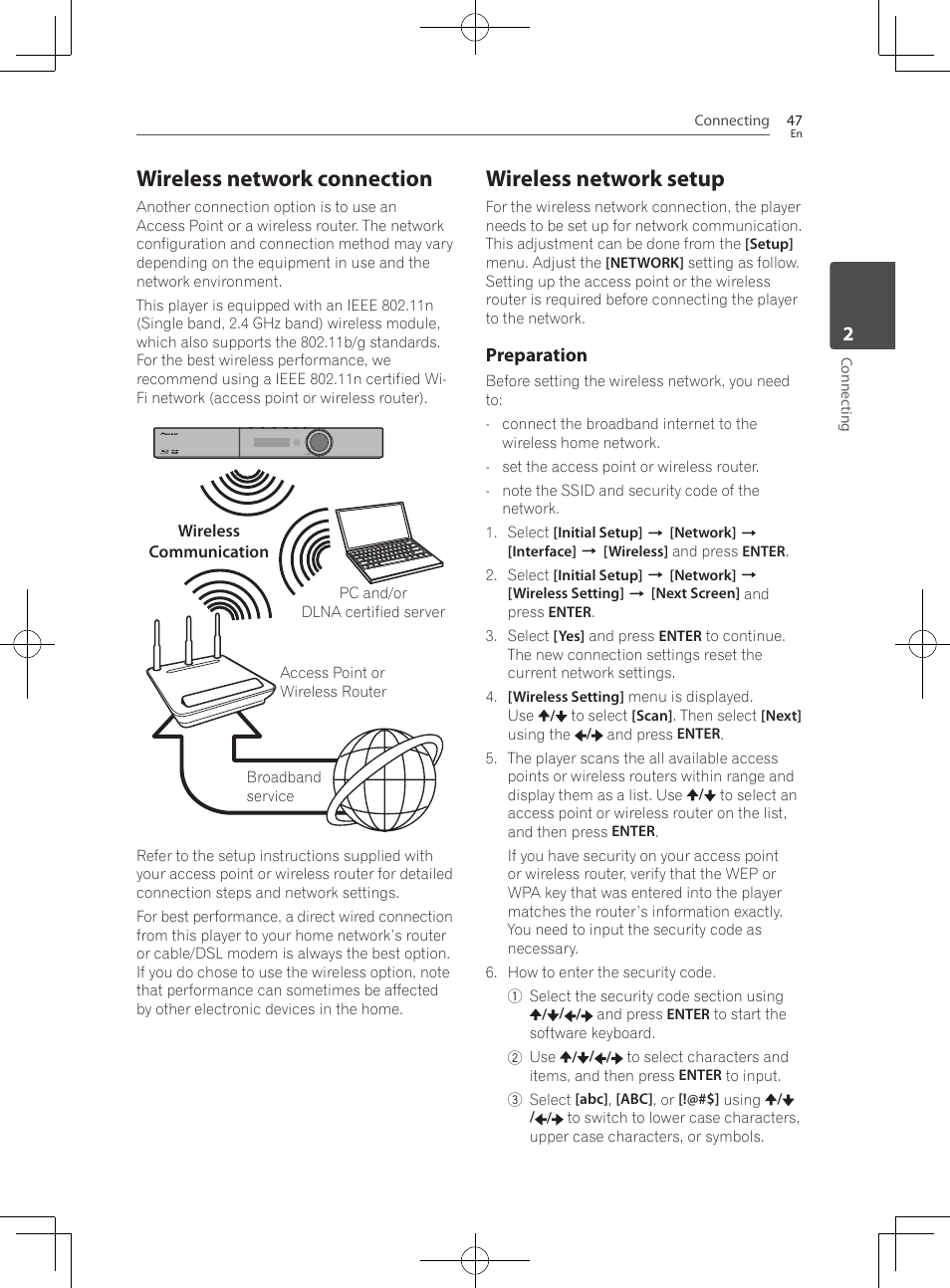 Wireless network connection, Wireless network setup, Preparation | Pioneer BCS-727 User Manual | Page 47 / 588