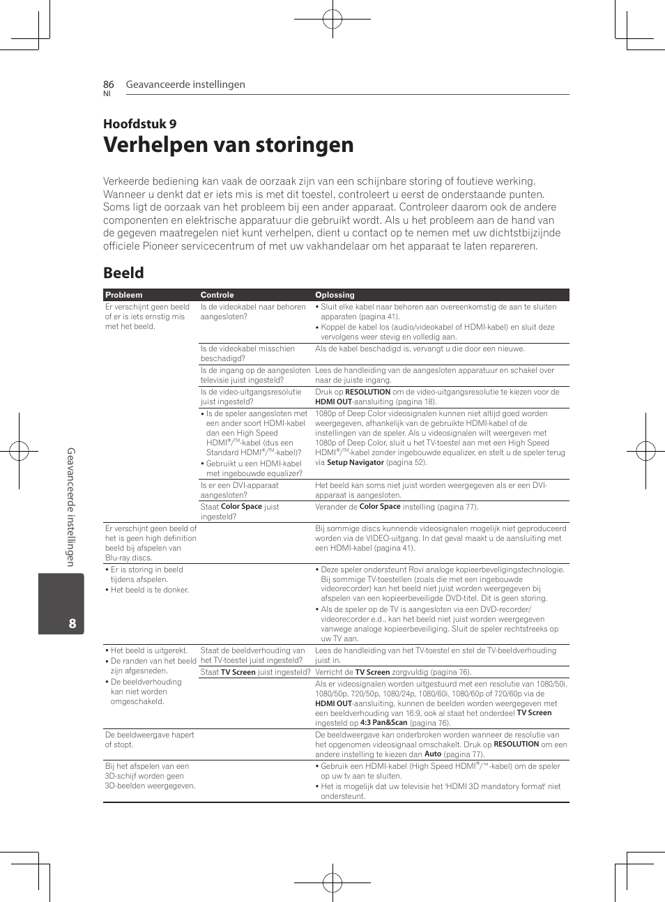 86 – beeld, Verhelpen van storingen, Beeld | Hoofdstuk 9, Geavanceerde instellingen 86, Gea vanc eer de inst ellingen | Pioneer BCS-727 User Manual | Page 478 / 588