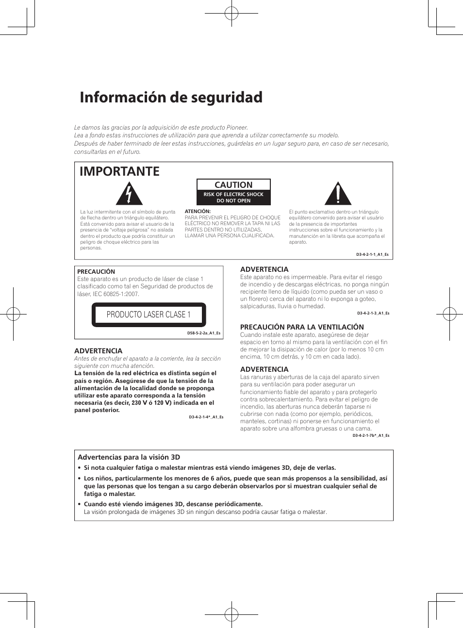 Información de seguridad, Importante, Caution | Producto laser clase 1 | Pioneer BCS-727 User Manual | Page 490 / 588