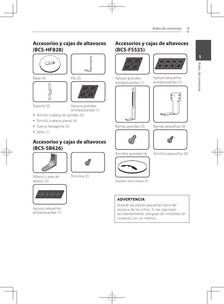 Accesorios y cajas de altavoces (bcs-hf828), Accesorios y cajas de altavoces (bcs-sb626), Accesorios y cajas de altavoces (bcs-fs525) | Pioneer BCS-727 User Manual | Page 497 / 588