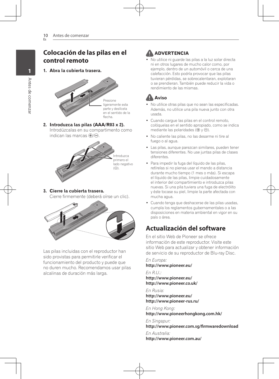 Colocación de las pilas en el control remoto, Actualización del software | Pioneer BCS-727 User Manual | Page 498 / 588