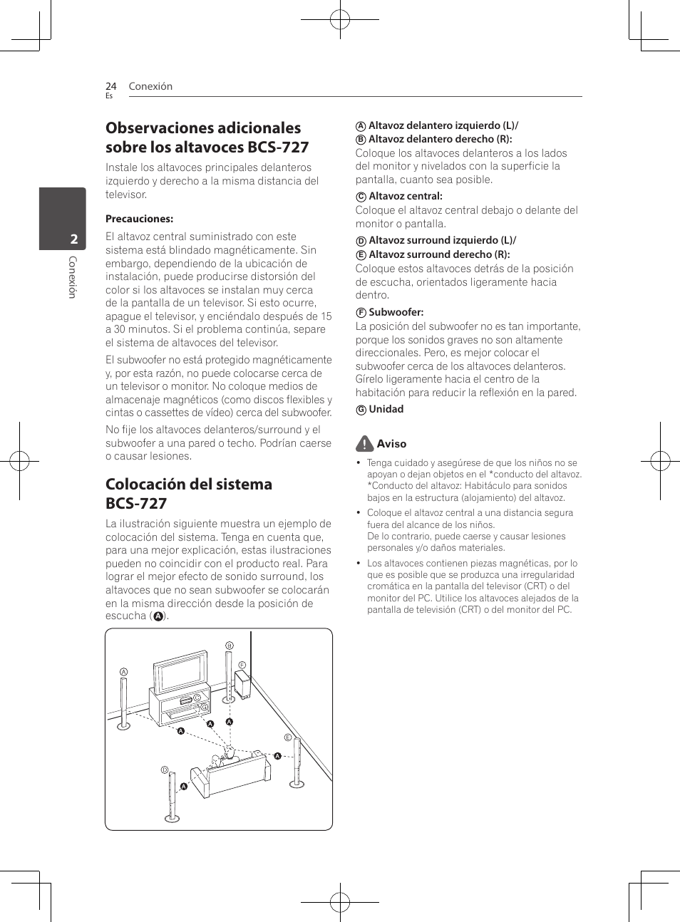 Colocación del sistema bcs-727, Conexión 24, Cone xión | Altavoz delantero izquierdo (l), Altavoz surround izquierdo (l), Unidad aviso | Pioneer BCS-727 User Manual | Page 512 / 588