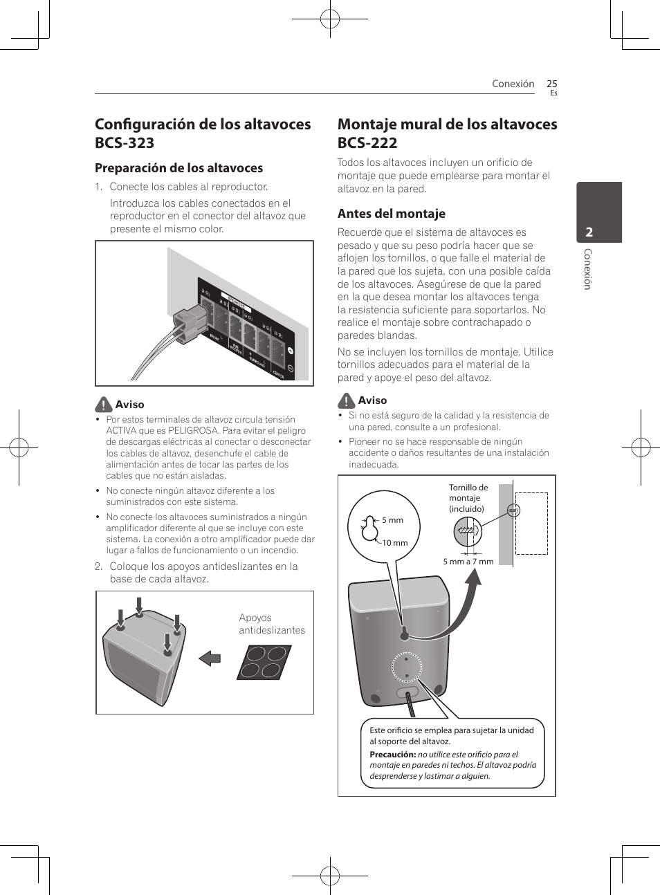 Configuración de los altavoces bcs-323, Montaje mural de los altavoces bcs-222, Preparación de los altavoces | Antes del montaje | Pioneer BCS-727 User Manual | Page 513 / 588