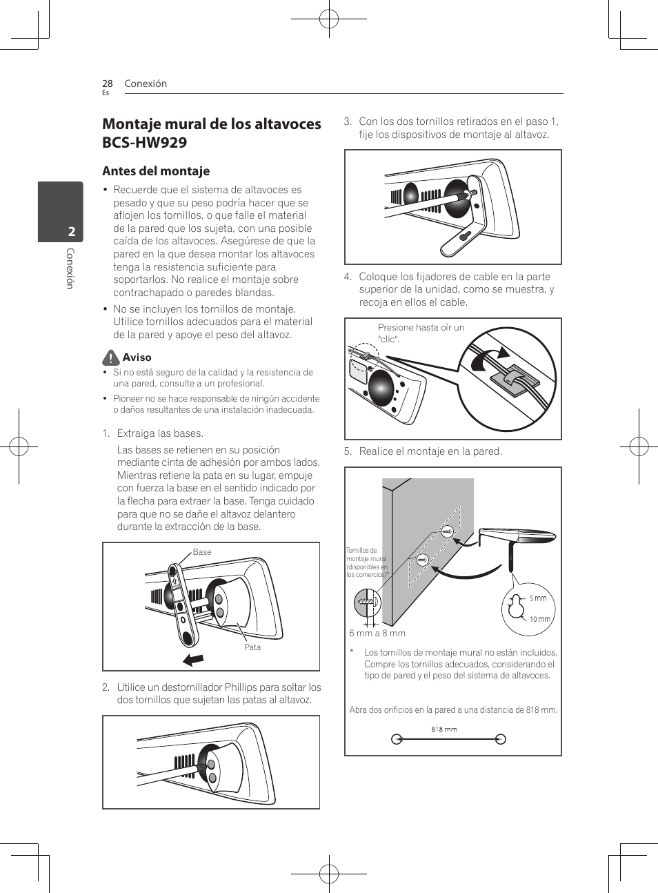Montaje mural de los altavoces bcs-hw929, Antes del montaje | Pioneer BCS-727 User Manual | Page 516 / 588