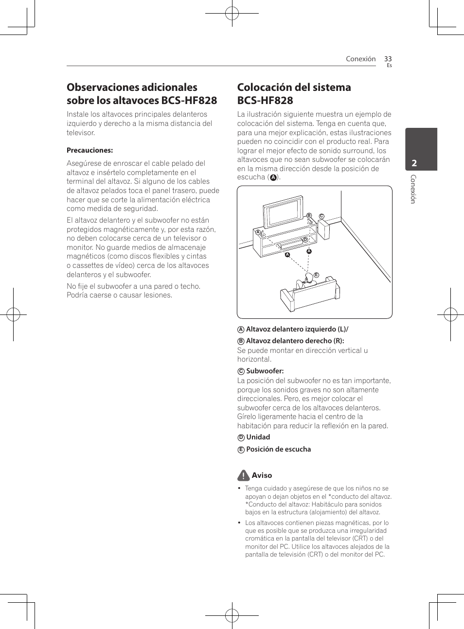 Colocación del sistema bcs-hf828, Conexión 33, Cone xión | Altavoz delantero izquierdo (l), Unidad, Posición de escucha aviso | Pioneer BCS-727 User Manual | Page 521 / 588