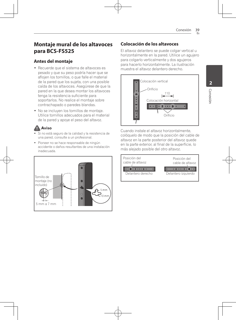 Montaje mural de los altavoces para bcs- fs525, Montaje mural de los altavoces para bcs-fs525, Antes del montaje | Colocación de los altavoces | Pioneer BCS-727 User Manual | Page 527 / 588