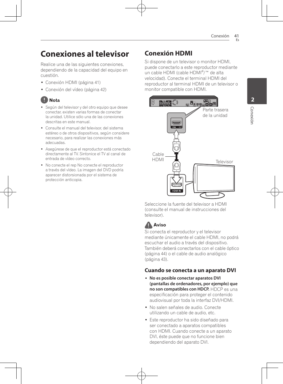 Conexiones al televisor, Conexión hdmi, Cuando se conecta a un aparato dvi | Pioneer BCS-727 User Manual | Page 529 / 588