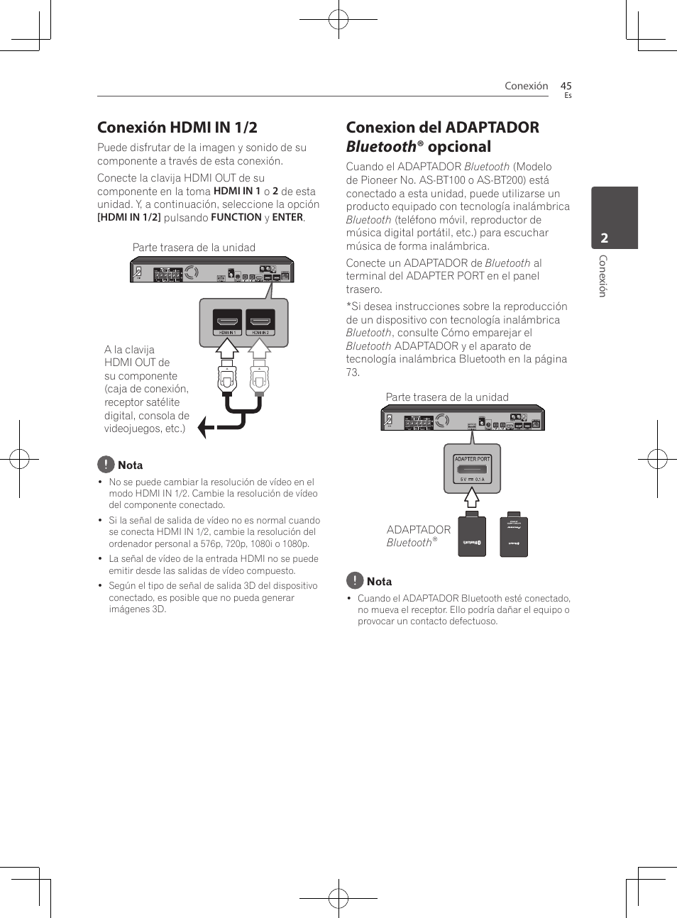 Conexión hdmi in 1/2, Conexion del adaptador bluetooth ® opcional | Pioneer BCS-727 User Manual | Page 533 / 588