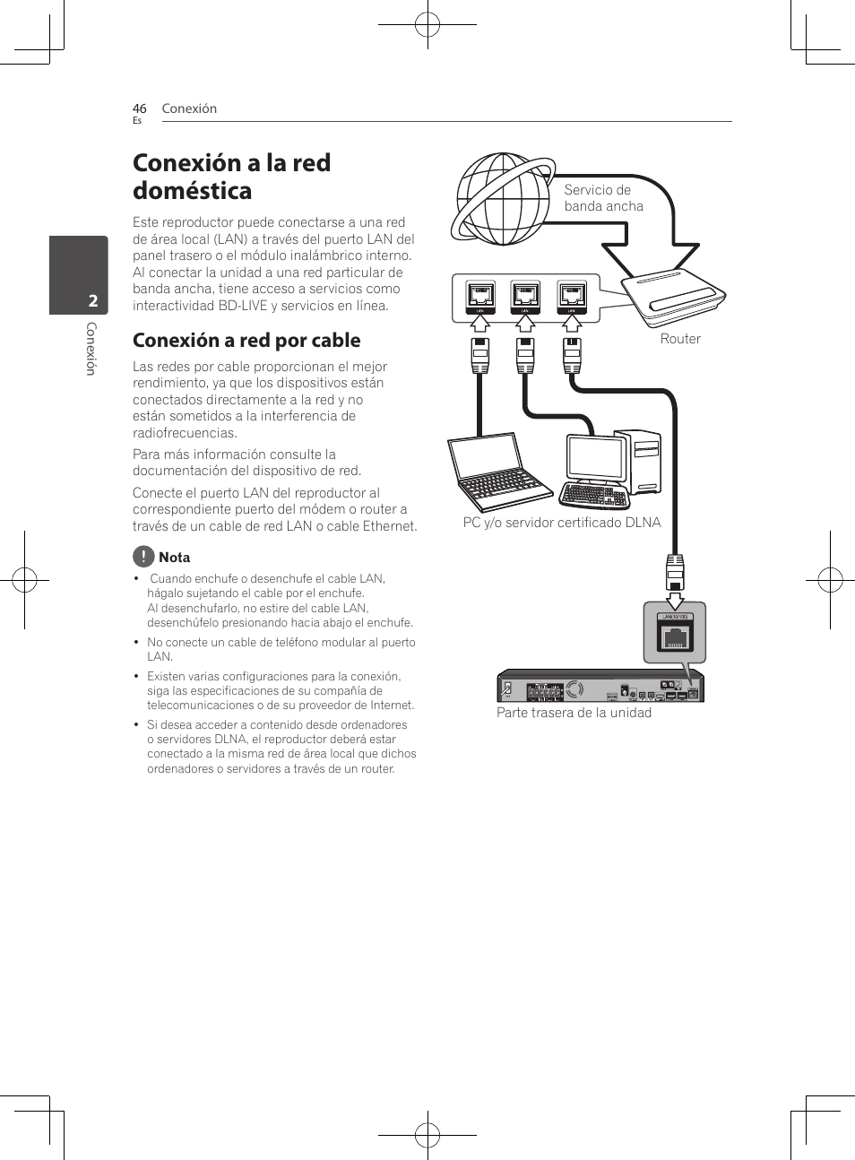 Conexión a la red doméstica, Conexión a red por cable | Pioneer BCS-727 User Manual | Page 534 / 588