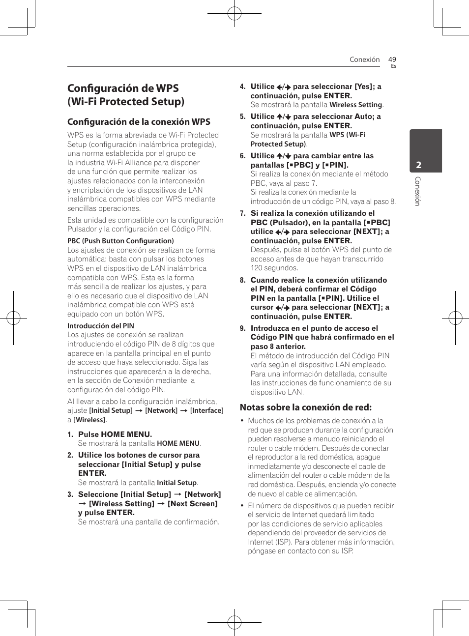 Configuración de wps (wi-fi protected setup), Configuración de la conexión wps, Notas sobre la conexión de red | Pioneer BCS-727 User Manual | Page 537 / 588