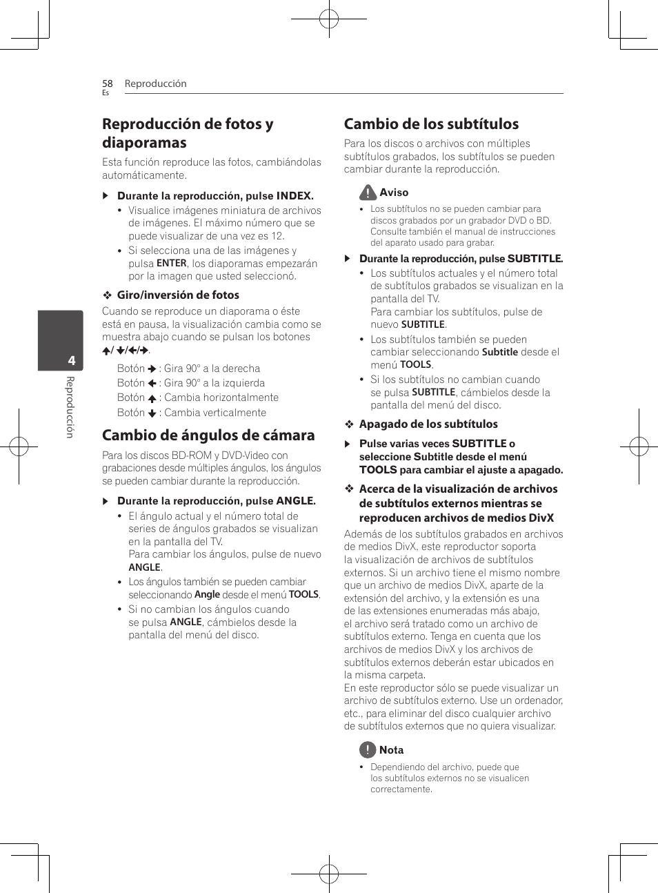 Reproducción de fotos y diaporamas, Cambio de ángulos de cámara, Cambio de los subtítulos | Pioneer BCS-727 User Manual | Page 546 / 588