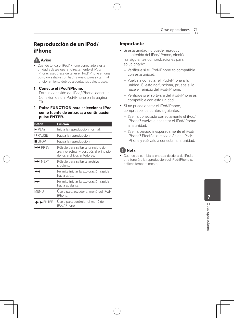 Reproducción de un ipod/iphone, Reproducción de un ipod/ iphone, Importante | Pioneer BCS-727 User Manual | Page 559 / 588