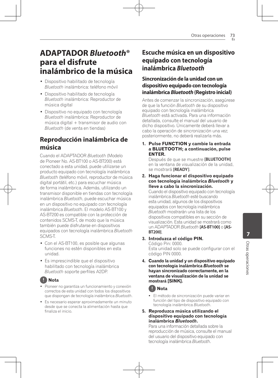 73 adaptador, Bluetooth ® para el disfrute, Inalámbrico de la música | Reproducción inalámbrica de música | Pioneer BCS-727 User Manual | Page 561 / 588