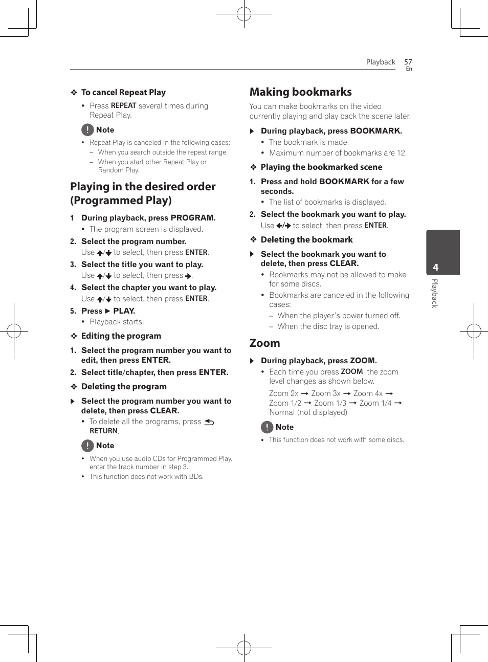 Playing in the desired order (programmed play), Making bookmarks, 57 – zoom | Zoom | Pioneer BCS-727 User Manual | Page 57 / 588