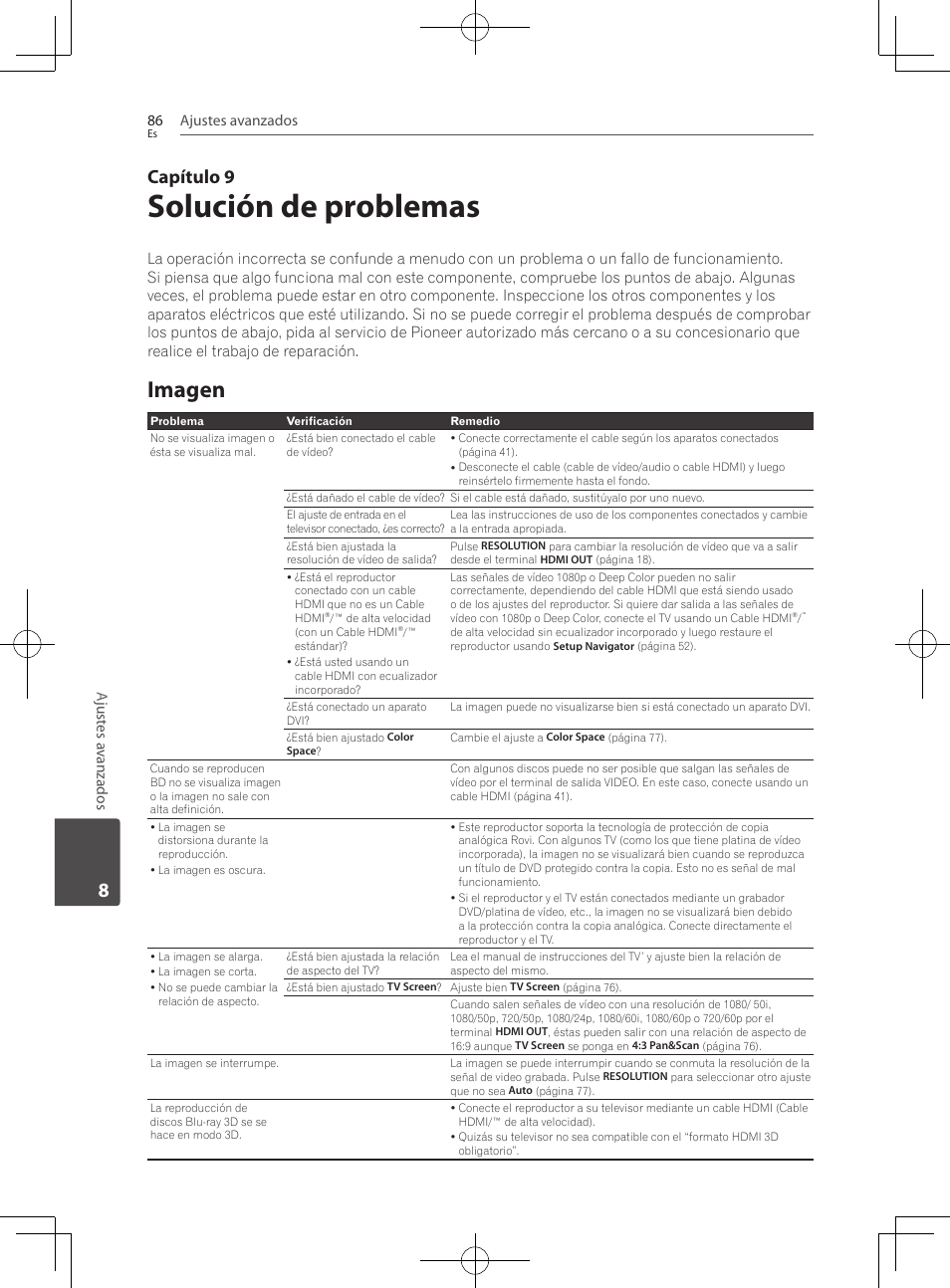 86 – imagen, Solución de problemas, Imagen | Capítulo 9 | Pioneer BCS-727 User Manual | Page 574 / 588