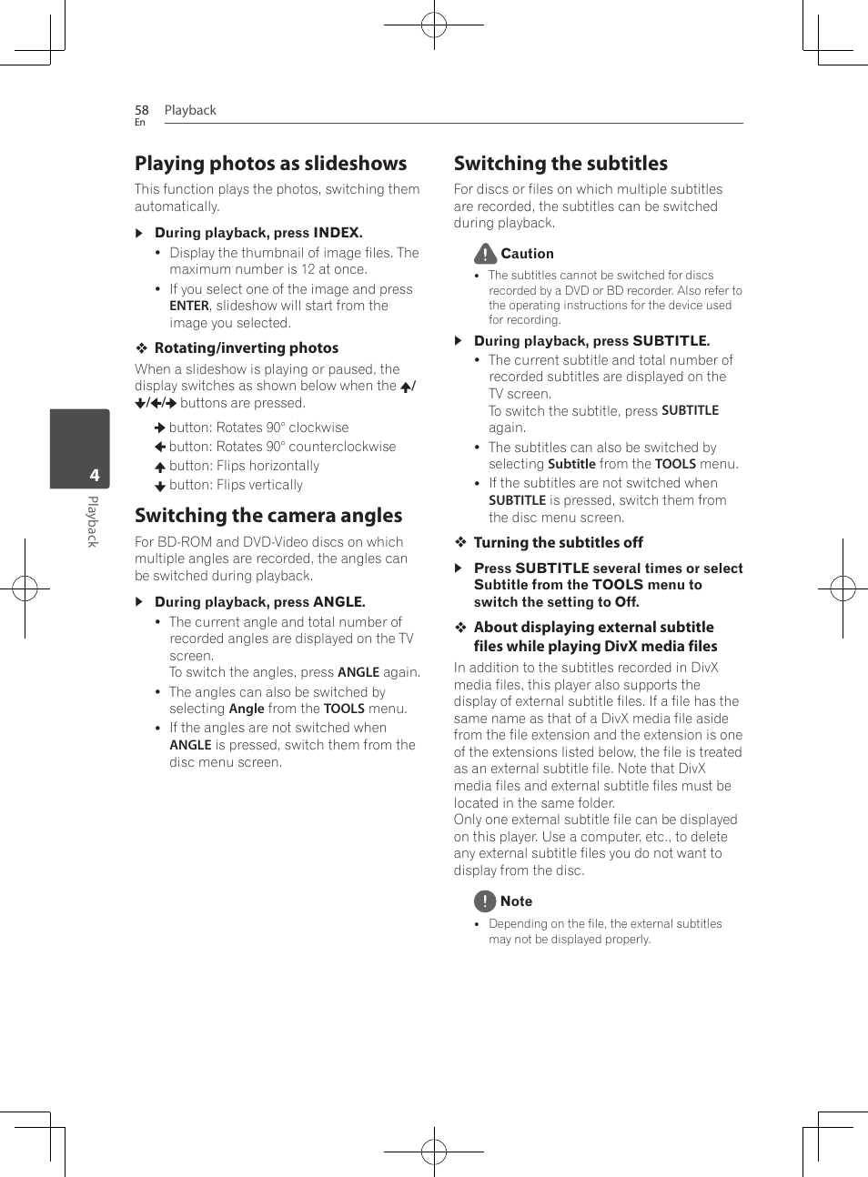Playing photos as slideshows, Switching the camera angles, Switching the subtitles | Pioneer BCS-727 User Manual | Page 58 / 588