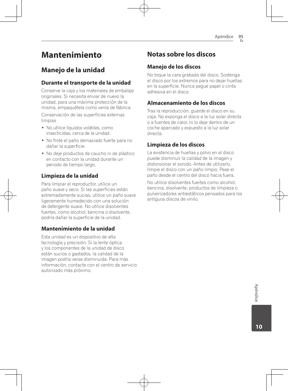 95 mantenimiento 95, Manejo de la unidad, Notas sobre los discos | Mantenimiento | Pioneer BCS-727 User Manual | Page 583 / 588