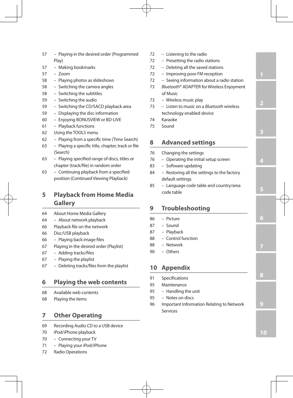 5 playback from home media gallery, 6 playing the web contents, 7 other operating | 8 advanced settings, 9 troubleshooting, 10 appendix | Pioneer BCS-727 User Manual | Page 7 / 588