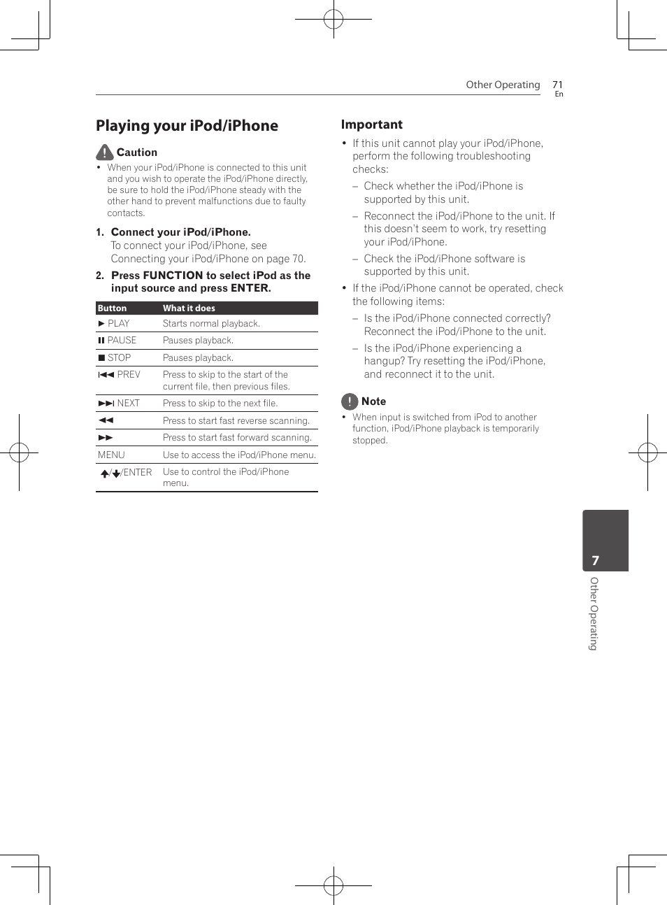 Playing your ipod/iphone, Important | Pioneer BCS-727 User Manual | Page 71 / 588