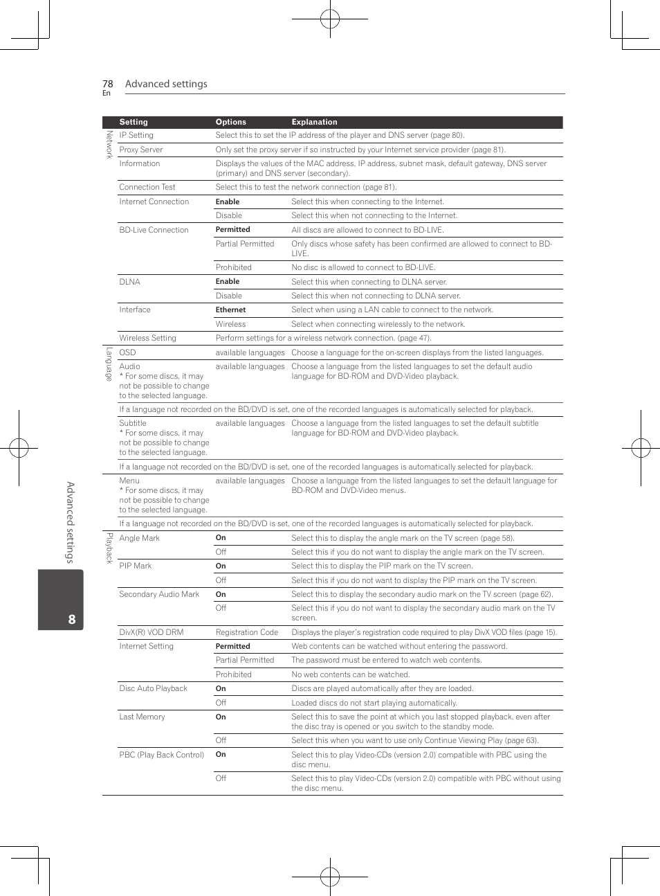 Advanced settings 78, Adv anc ed settings | Pioneer BCS-727 User Manual | Page 78 / 588