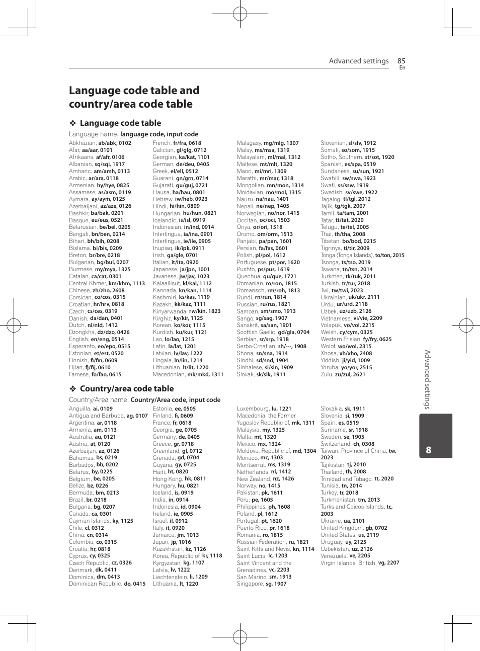 Language code table and country/area code table | Pioneer BCS-727 User Manual | Page 85 / 588