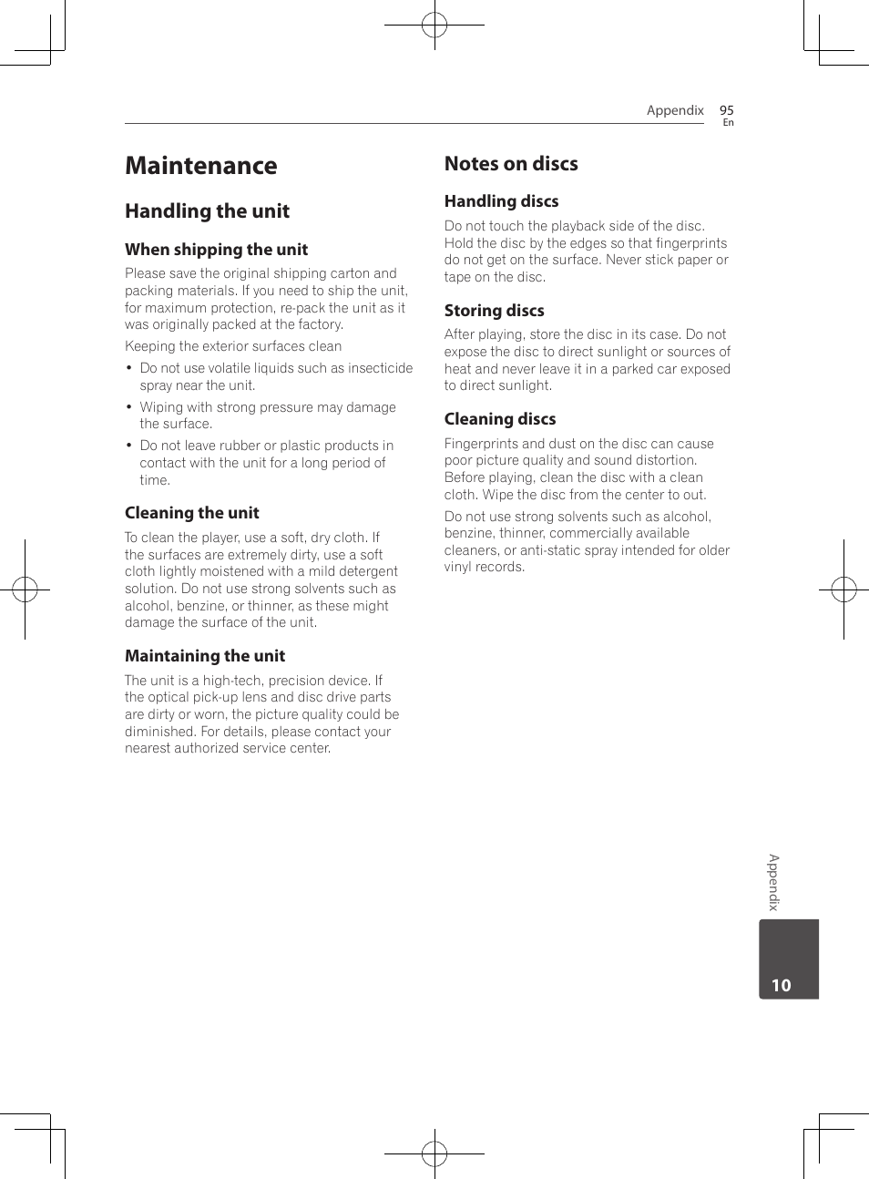 95 maintenance 95, Handling the unit, Notes on discs | Maintenance | Pioneer BCS-727 User Manual | Page 95 / 588