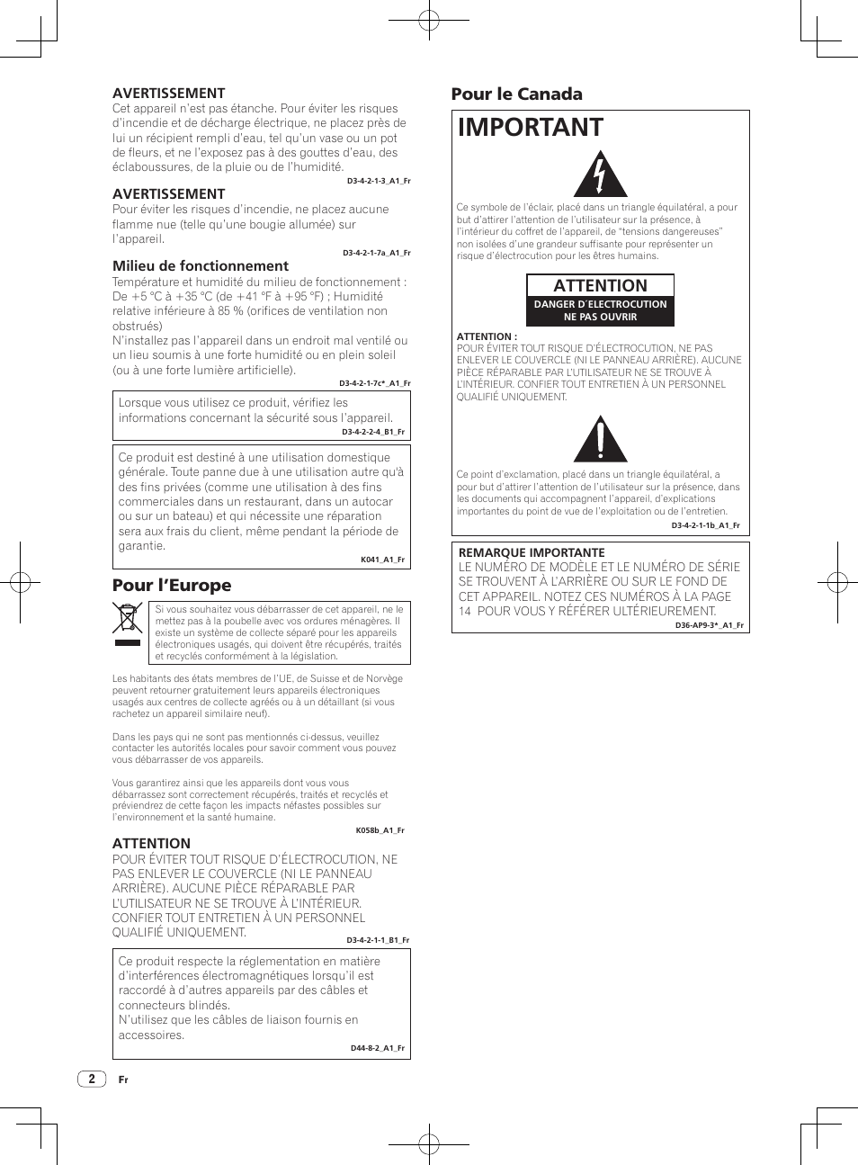 Contrôleur pour dj, Important, Pour l’europe | Pour le canada, Avertissement, Milieu de fonctionnement, Attention | Pioneer DDJ-SB-S User Manual | Page 16 / 68