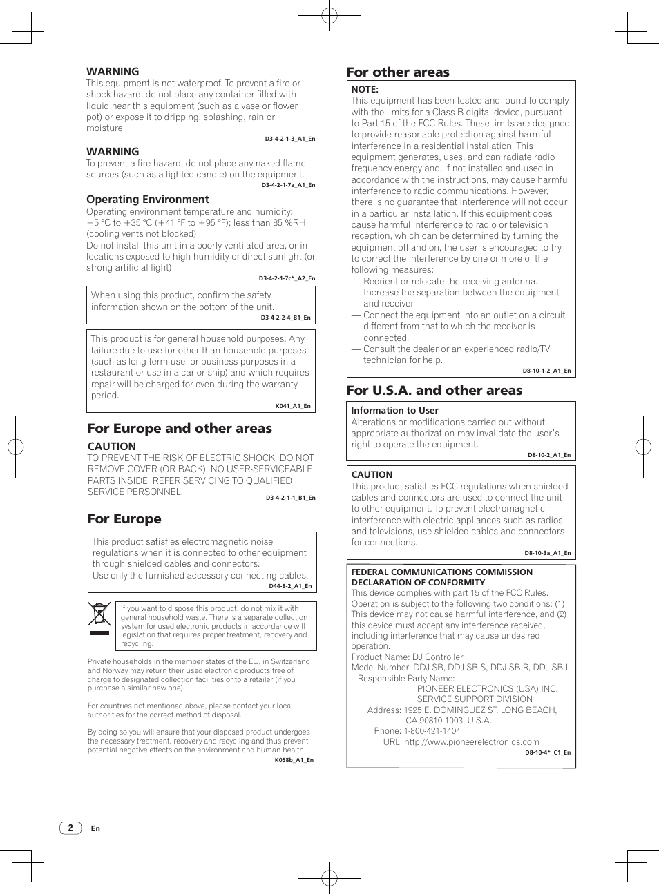 Dj controller, Read before use (important)/quick start guide, For other areas | For europe and other areas for europe, For u.s.a. and other areas, Warning, Operating environment, Caution | Pioneer DDJ-SB-S User Manual | Page 2 / 68