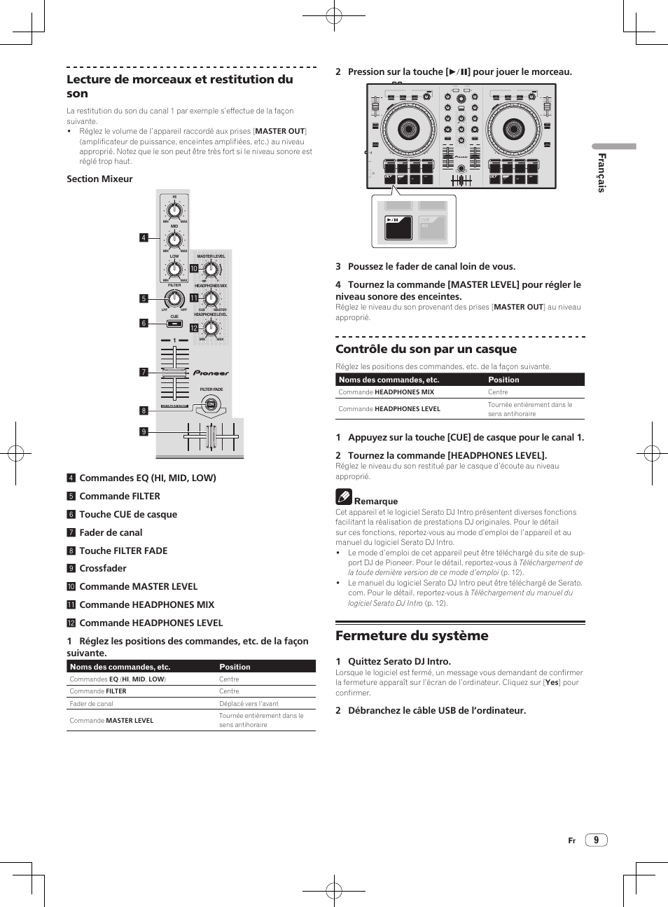 Fermeture du système, Lecture de morceaux et restitution du son, Contrôle du son par un casque | 9français | Pioneer DDJ-SB-S User Manual | Page 23 / 68