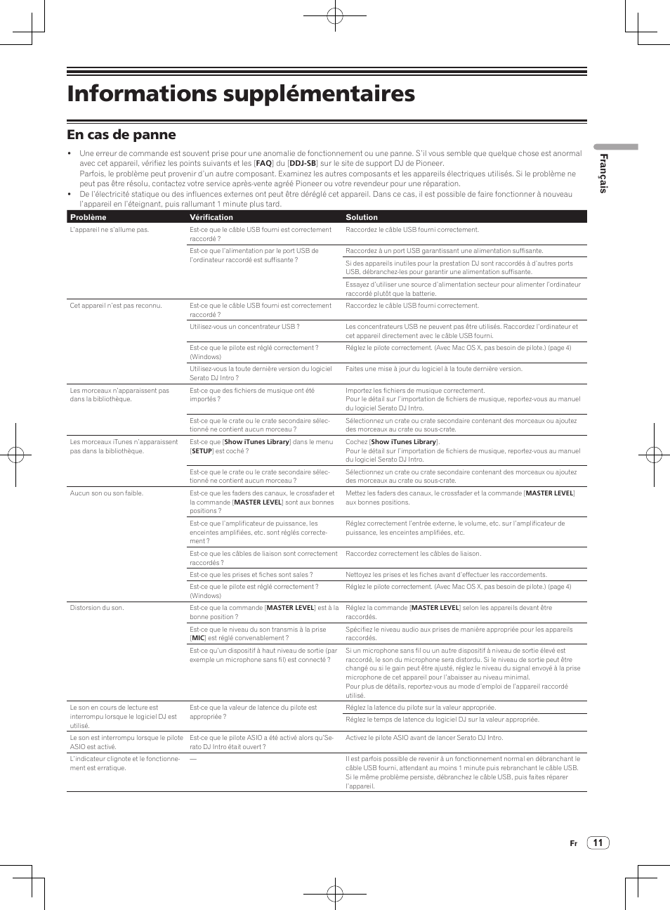 Informations supplémentaires, En cas de panne, 11 français | Pioneer DDJ-SB-S User Manual | Page 25 / 68