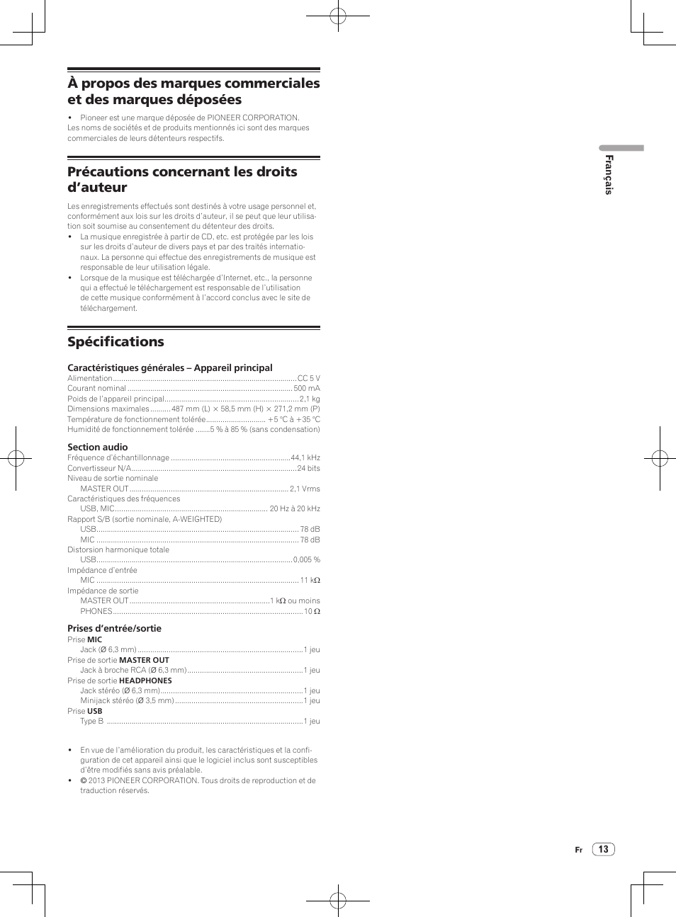 Précautions concernant les droits d’auteur, Spécifications | Pioneer DDJ-SB-S User Manual | Page 27 / 68