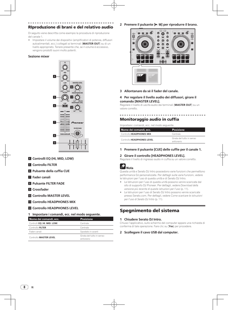 Spegnimento del sistema, Riproduzione di brani e del relativo audio, Monitoraggio audio in cuffia | Sezione mixer, 1 chiudere serato dj intro, 2 scollegare il cavo usb dal computer | Pioneer DDJ-SB-S User Manual | Page 48 / 68