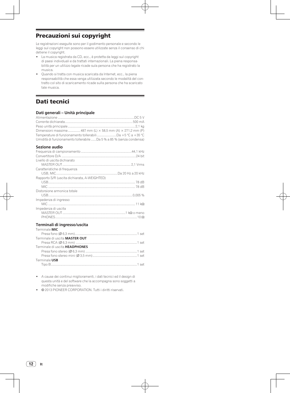 Precauzioni sui copyright, Dati tecnici | Pioneer DDJ-SB-S User Manual | Page 52 / 68