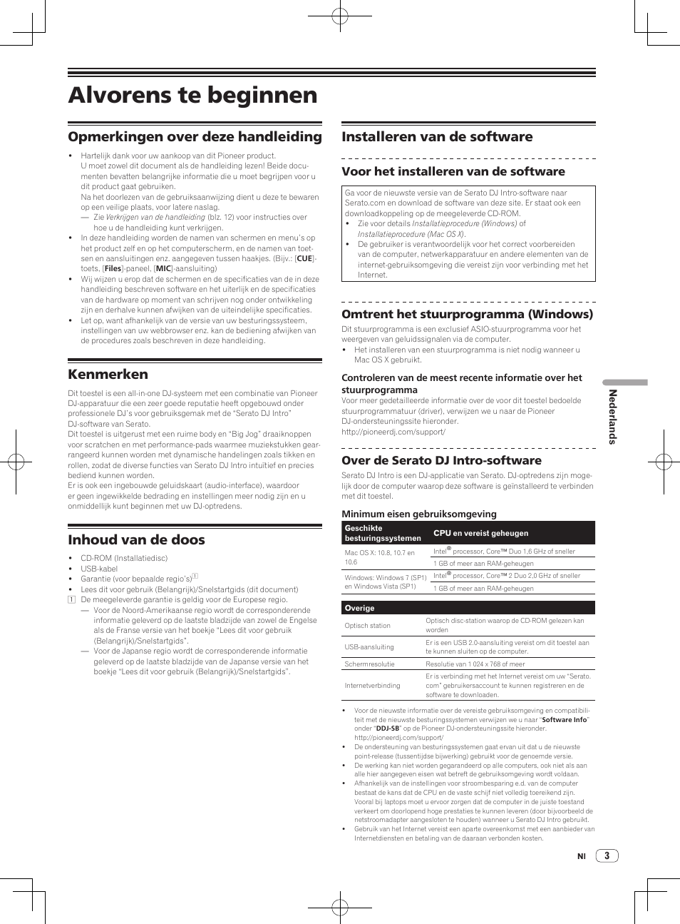 Alvorens te beginnen, Opmerkingen over deze handleiding, Kenmerken | Inhoud van de doos, Installeren van de software, Voor het installeren van de software, Omtrent het stuurprogramma (windows), Over de serato dj intro-software | Pioneer DDJ-SB-S User Manual | Page 55 / 68