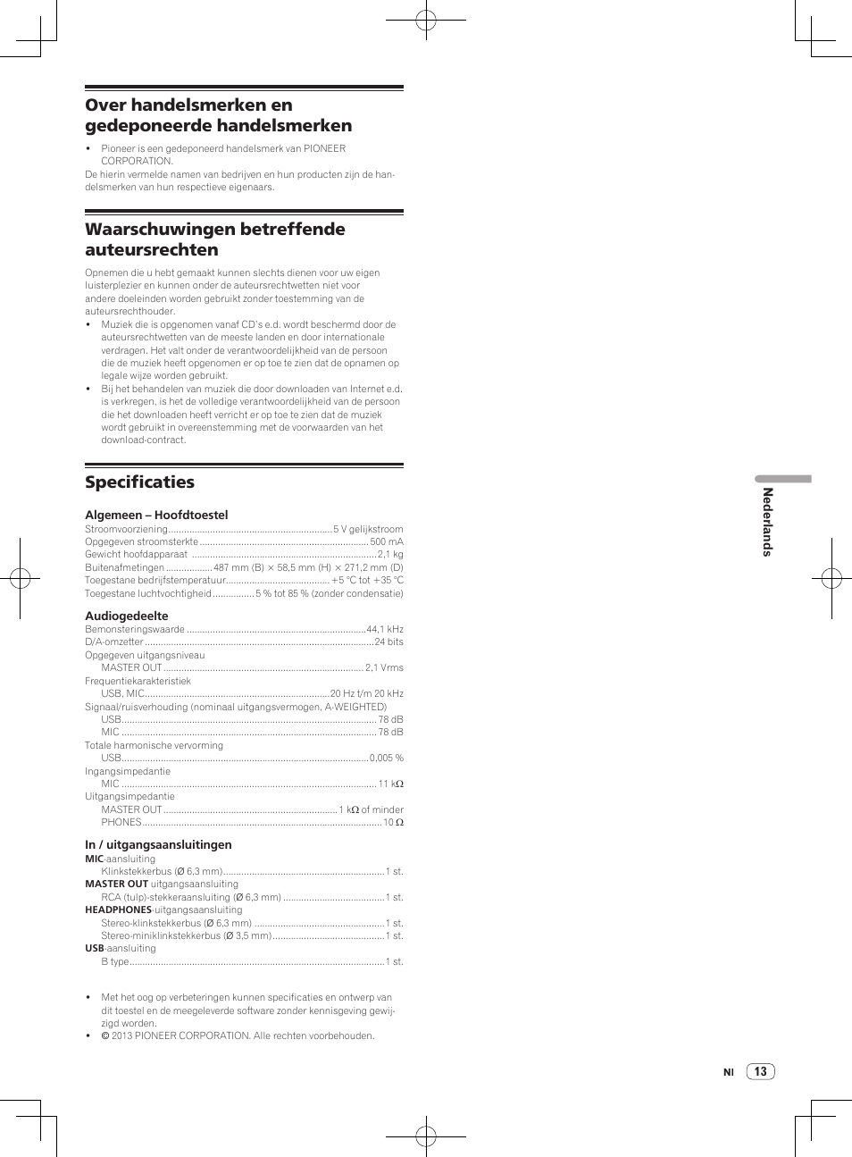 Over handelsmerken en gedeponeerde handelsmerken, Waarschuwingen betreffende auteursrechten, Specificaties | Pioneer DDJ-SB-S User Manual | Page 65 / 68