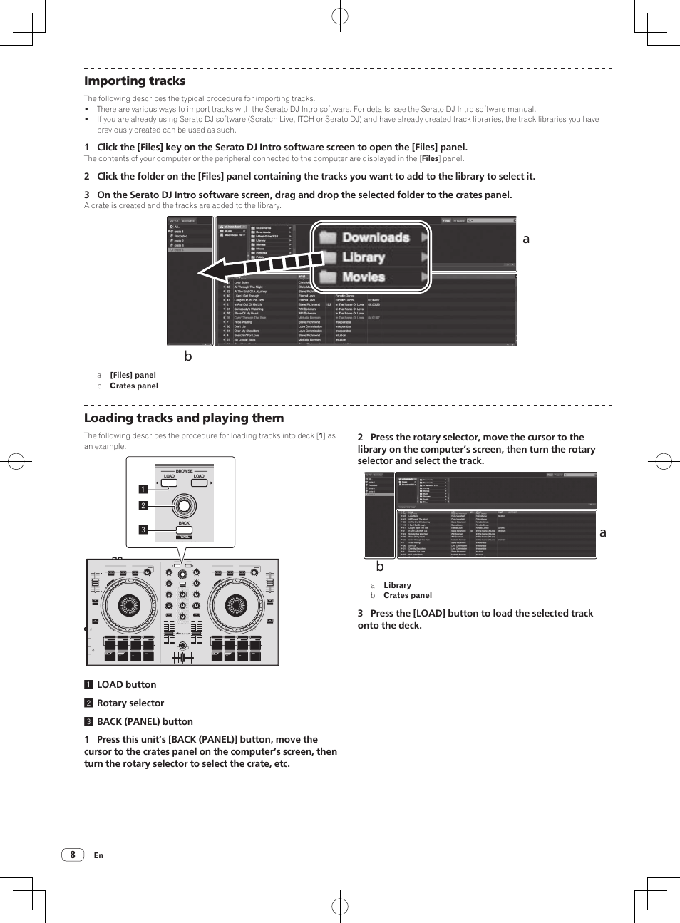 Importing tracks, Loading tracks and playing them | Pioneer DDJ-SB-S User Manual | Page 8 / 68