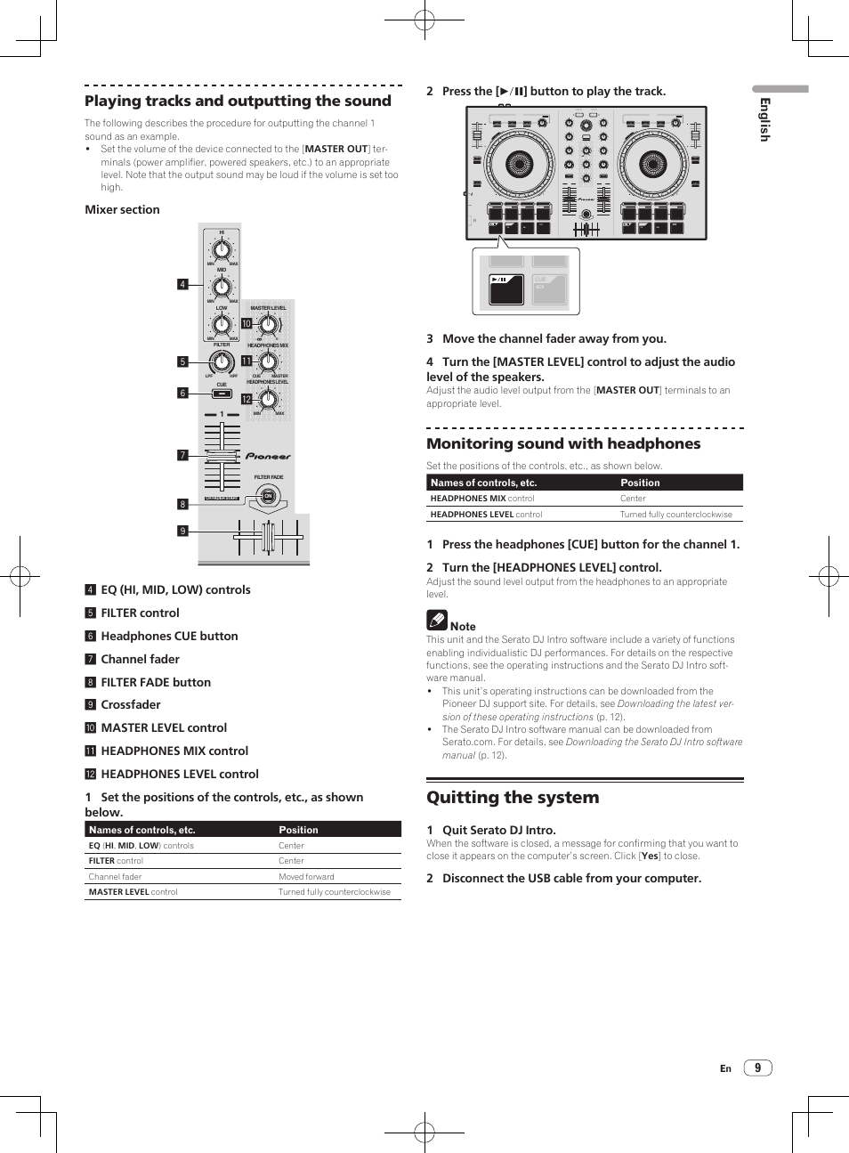 Quitting the system, Playing tracks and outputting the sound, Monitoring sound with headphones | 9english, 2 press the [ f ] button to play the track, 1 quit serato dj intro, 2 disconnect the usb cable from your computer | Pioneer DDJ-SB-S User Manual | Page 9 / 68