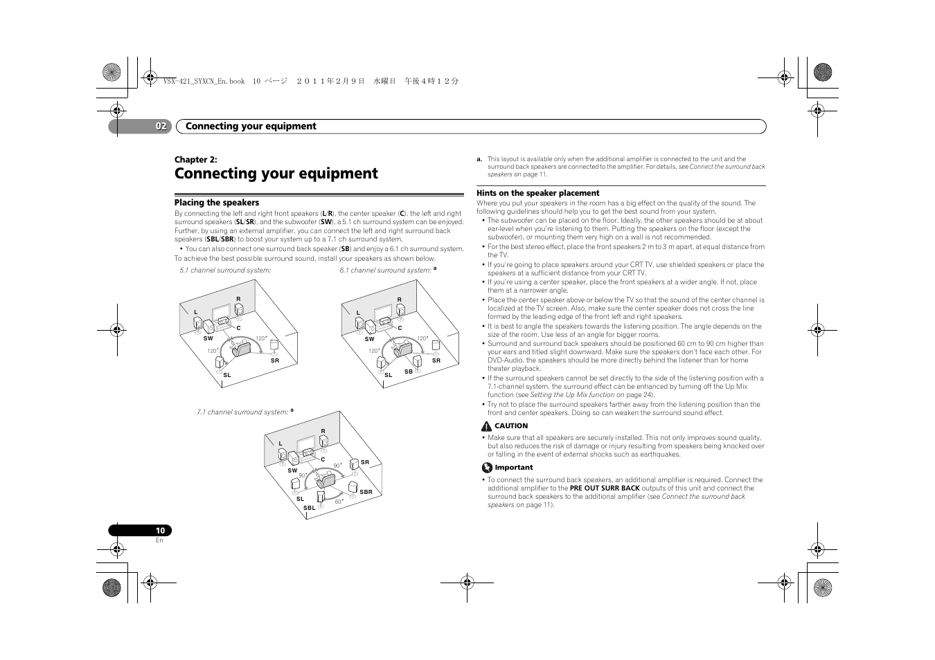 02 connecting your equipment, Placing the speakers, Hints on the speaker placement | Connecting your equipment, Connecting your equipment 02 | Pioneer VSX-421 User Manual | Page 10 / 34