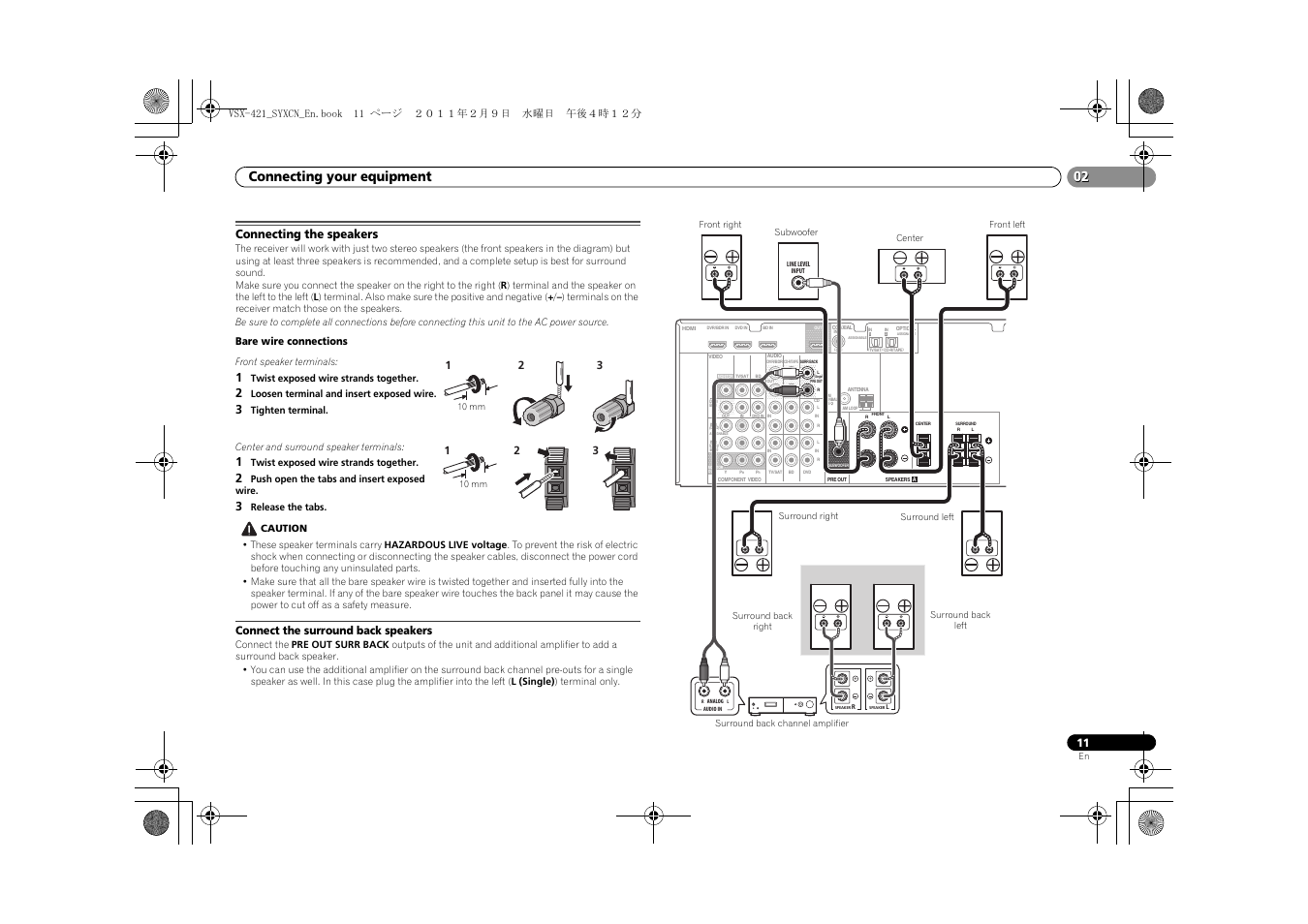 Connecting the speakers, Connect the surround back speakers, Connecting your equipment | Pioneer VSX-421 User Manual | Page 11 / 34