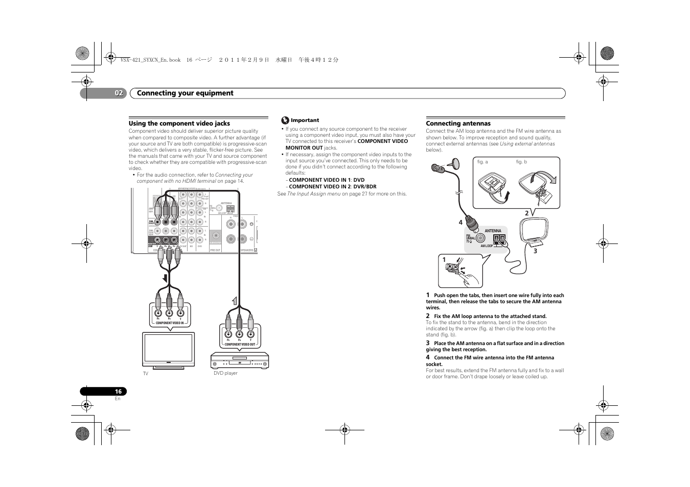 Using the component video jacks, Connecting antennas, Connecting your equipment 02 | Pioneer VSX-421 User Manual | Page 16 / 34