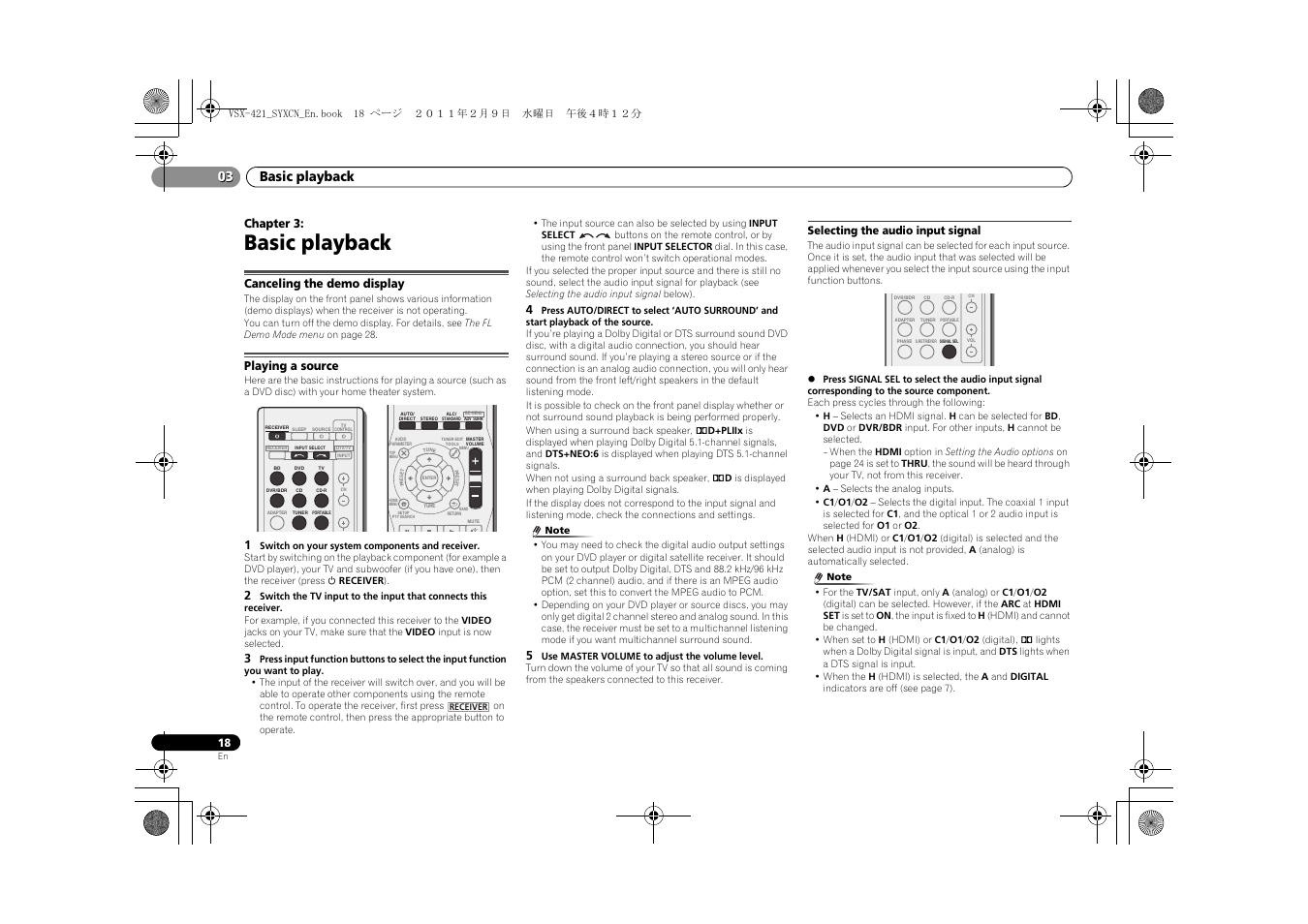 03 basic playback, Canceling the demo display, Playing a source | Selecting the audio input signal, Basic playback, Basic playback 03 | Pioneer VSX-421 User Manual | Page 18 / 34