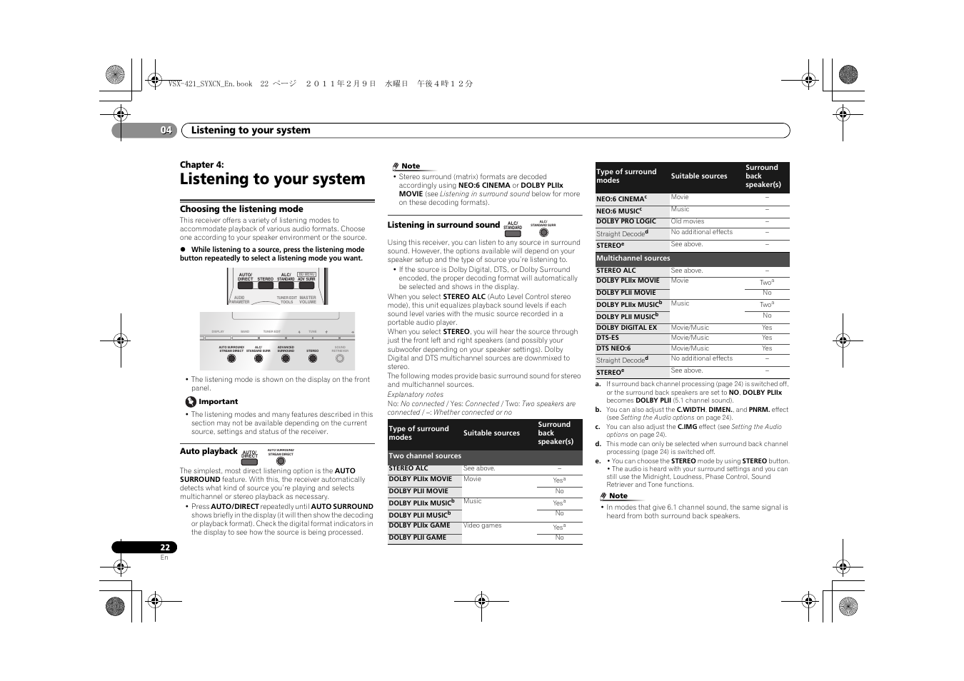 04 listening to your system, Choosing the listening mode, Auto playback | Listening in surround sound, Listening to your system, Listening to your system 04 | Pioneer VSX-421 User Manual | Page 22 / 34