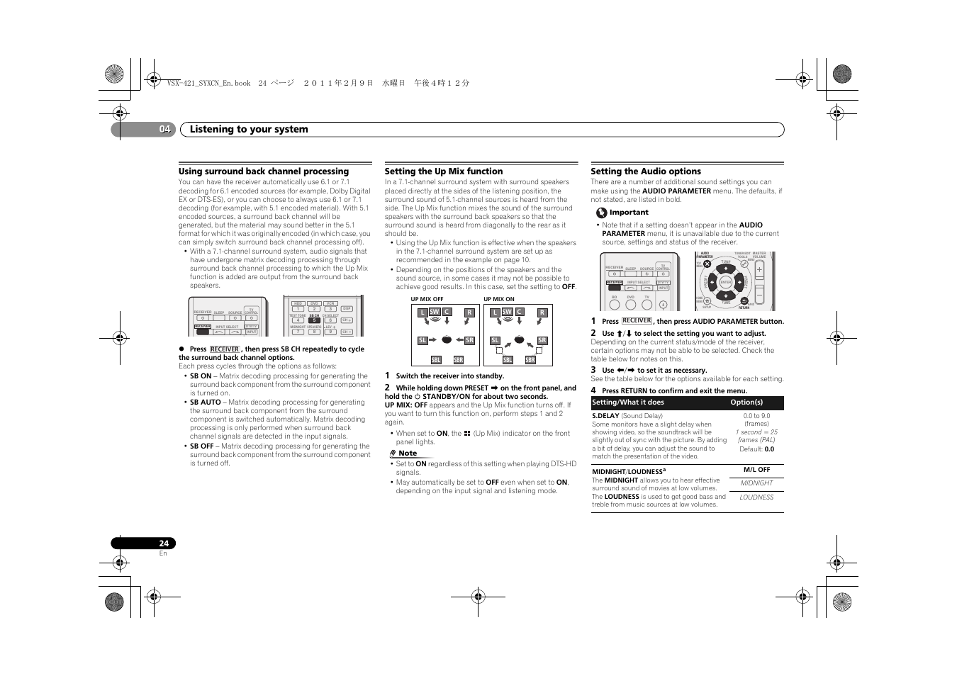 Using surround back channel processing, Setting the up mix function, Setting the audio options | Listening to your system 04 | Pioneer VSX-421 User Manual | Page 24 / 34