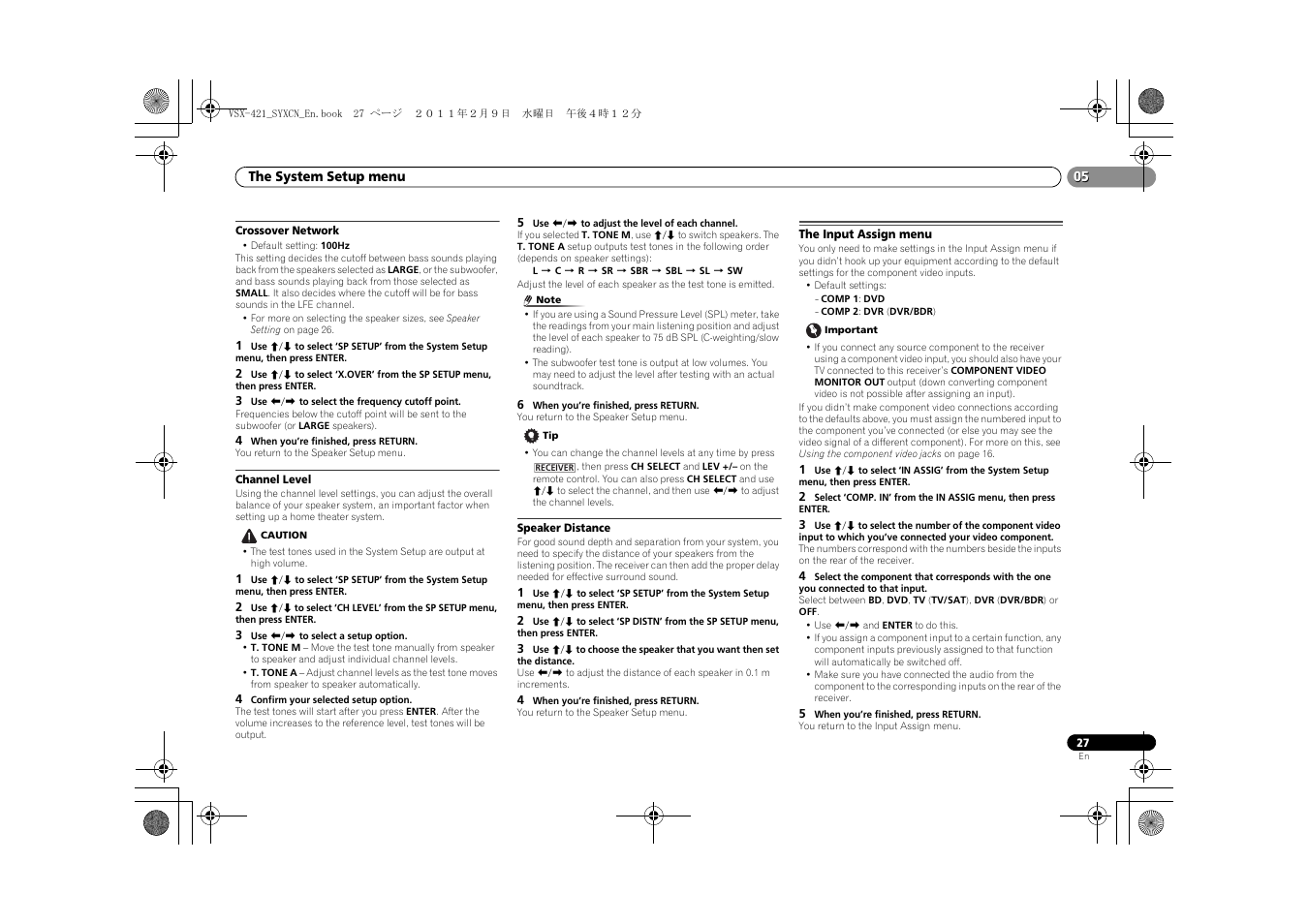 Crossover network, Channel level, Speaker distance | The input assign menu | Pioneer VSX-421 User Manual | Page 27 / 34