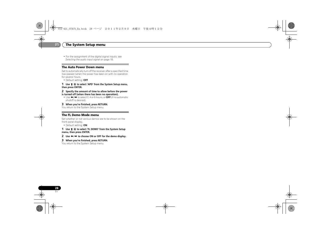 The auto power down menu, The fl demo mode menu | Pioneer VSX-421 User Manual | Page 28 / 34