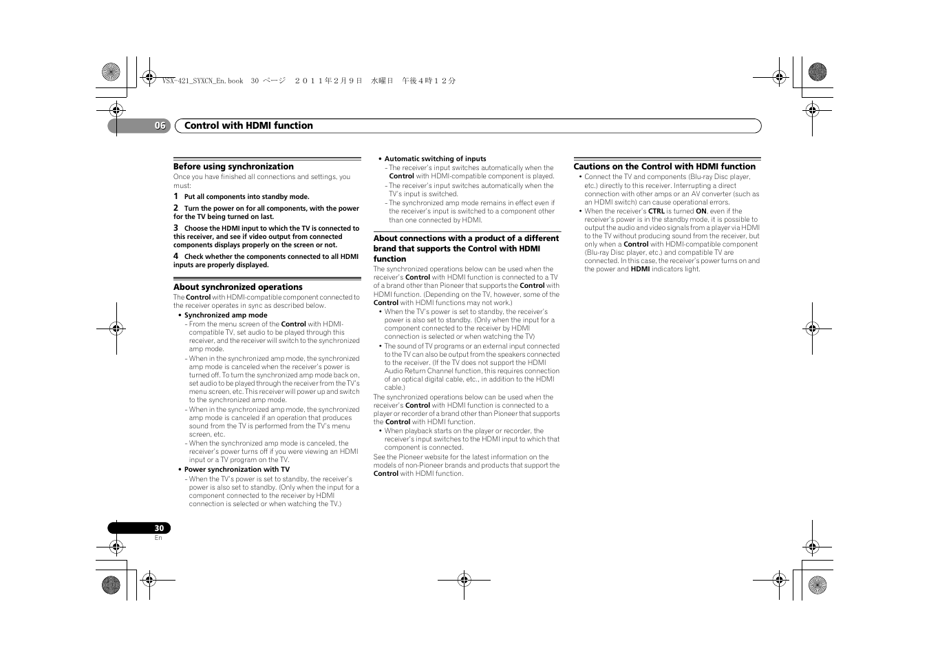 Before using synchronization, About synchronized operations, Cautions on the control with hdmi function | Pioneer VSX-421 User Manual | Page 30 / 34