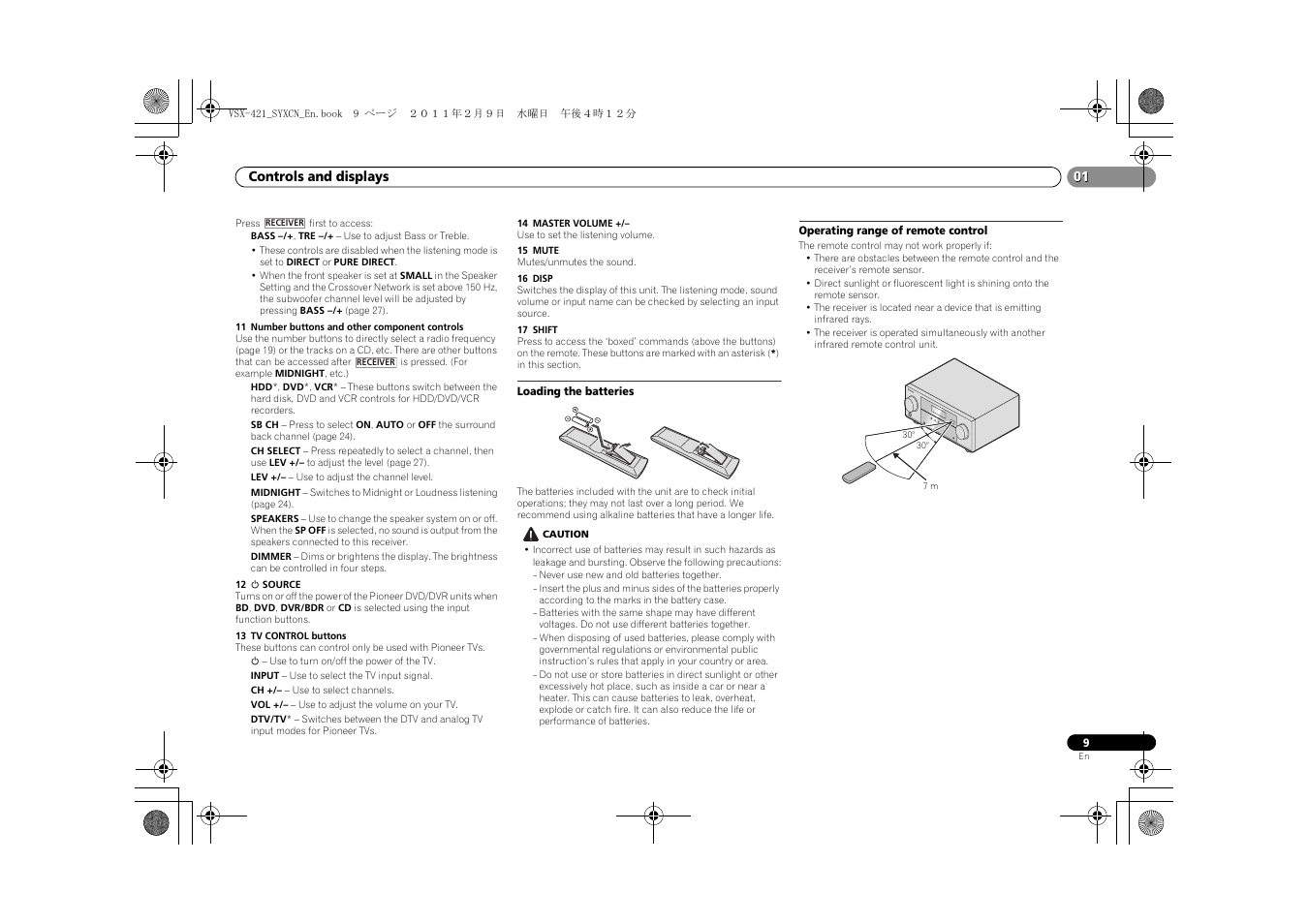 Loading the batteries, Operating range of remote control | Pioneer VSX-421 User Manual | Page 9 / 34