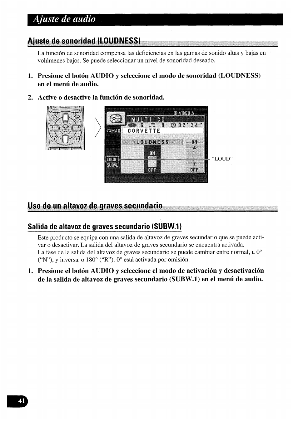 Ajuste de sonoridad (loudness), Active o desactive la función de sonoridad, Uso de un altavoz de graves secundario | Salida de altavoz de graves secundario (subw.1), Ajuste de audio | Pioneer AVM-P7000R User Manual | Page 102 / 124
