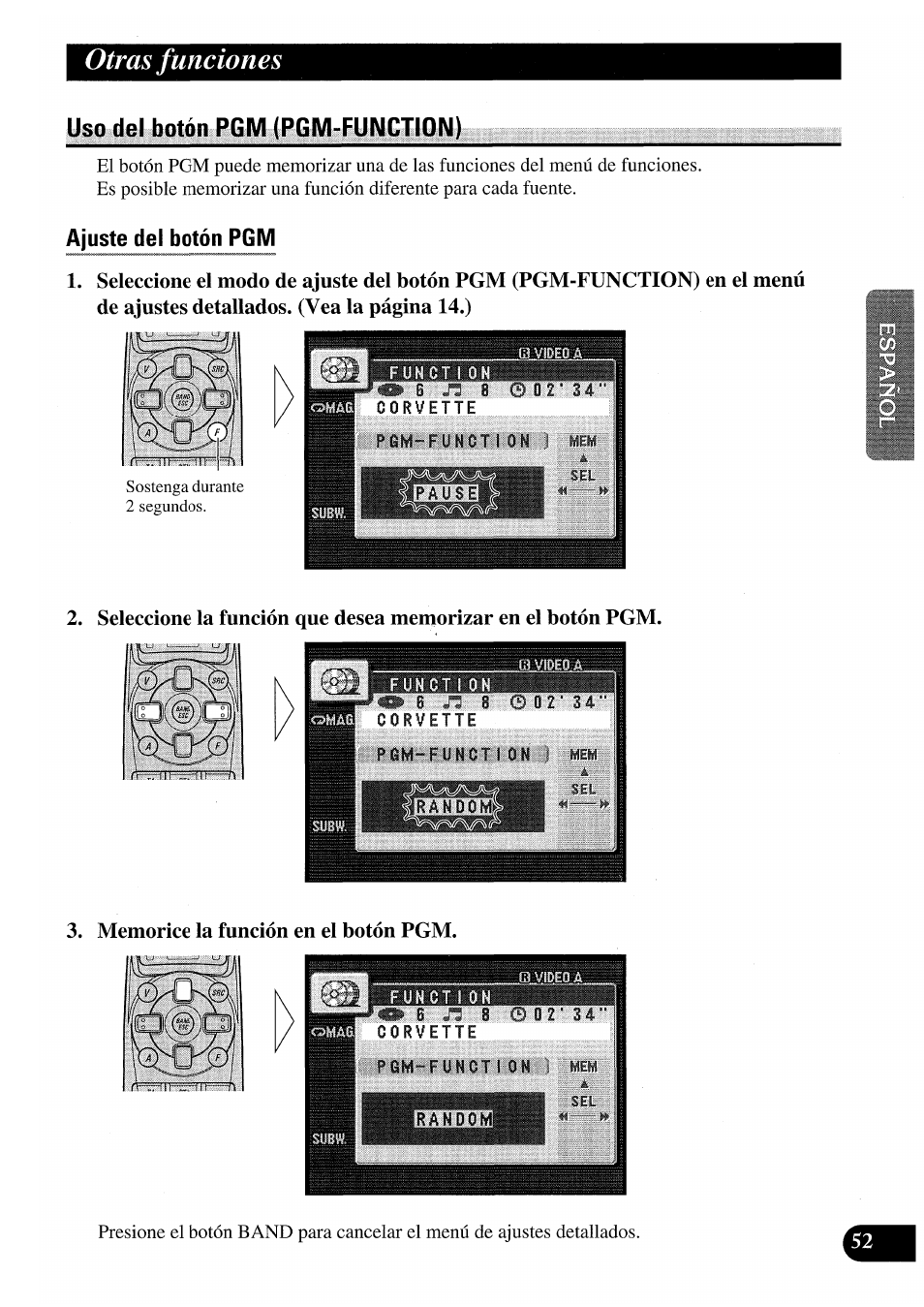 Uso del botón pgm (pgm-function), Ajuste del botón pgm, Memorice la función en el botón pgm | Otras funciones | Pioneer AVM-P7000R User Manual | Page 113 / 124